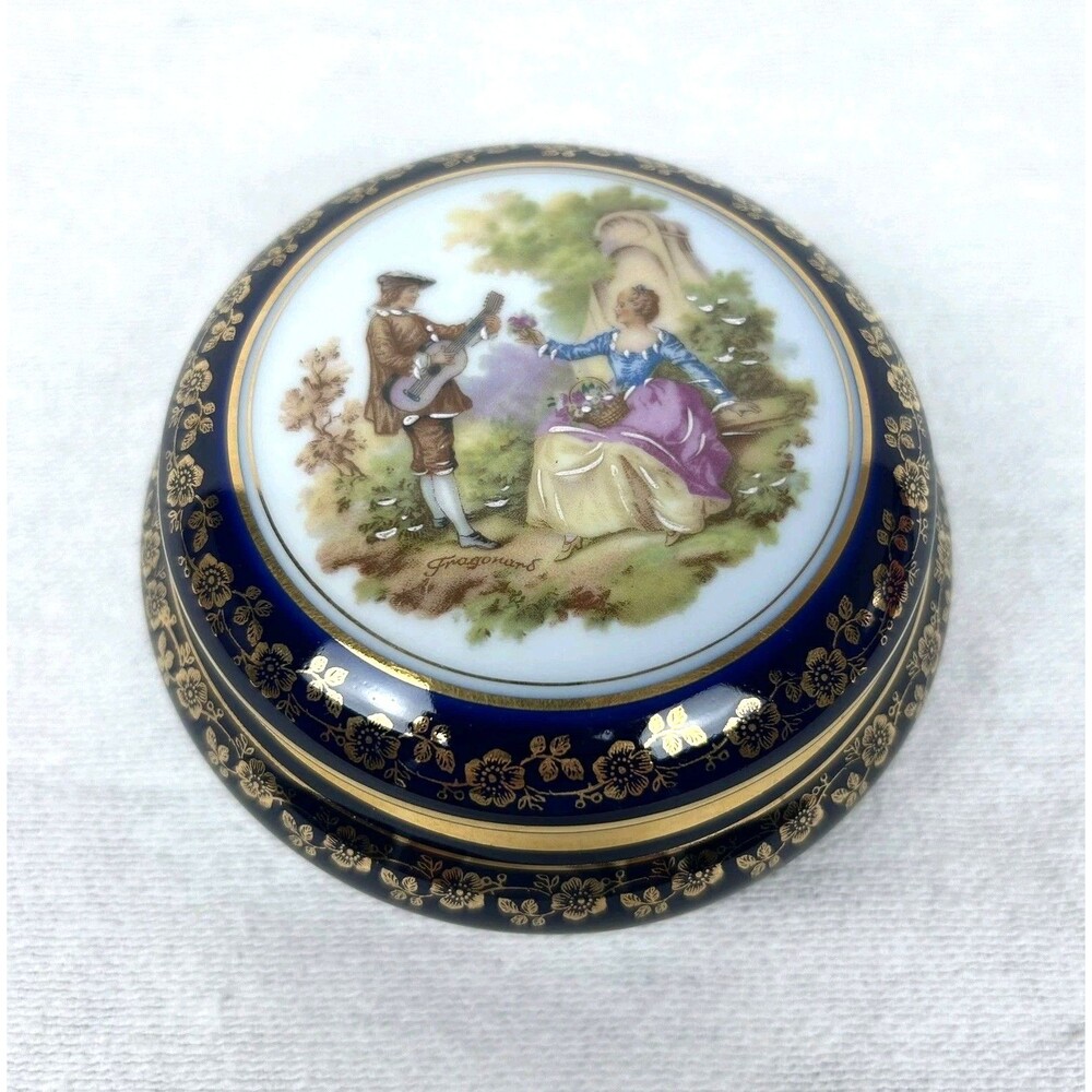 Vntg 4.5"Limoges France Cobalt Blue/22K Gold Gilt Porcelain Trinket Box Signed